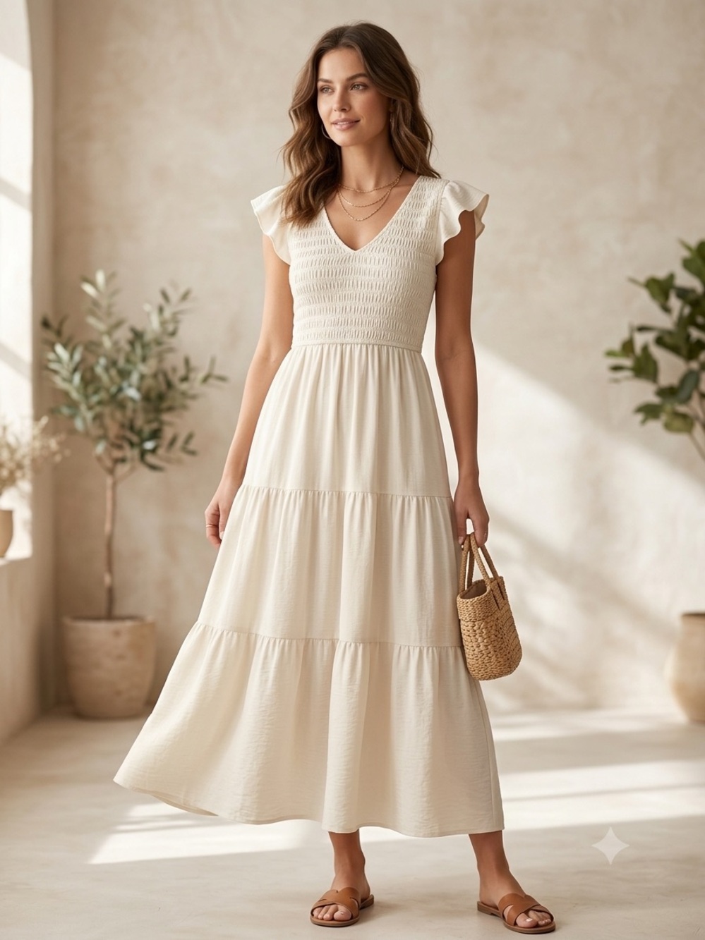 Blu Pepper Cream Smocked V-Neck Tiered Maxi Dress
